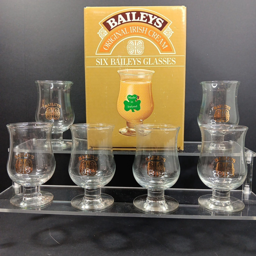 Box Of 6 Baileys Liquor Or Shot Glasses Made In Ireland With Original Box VTG